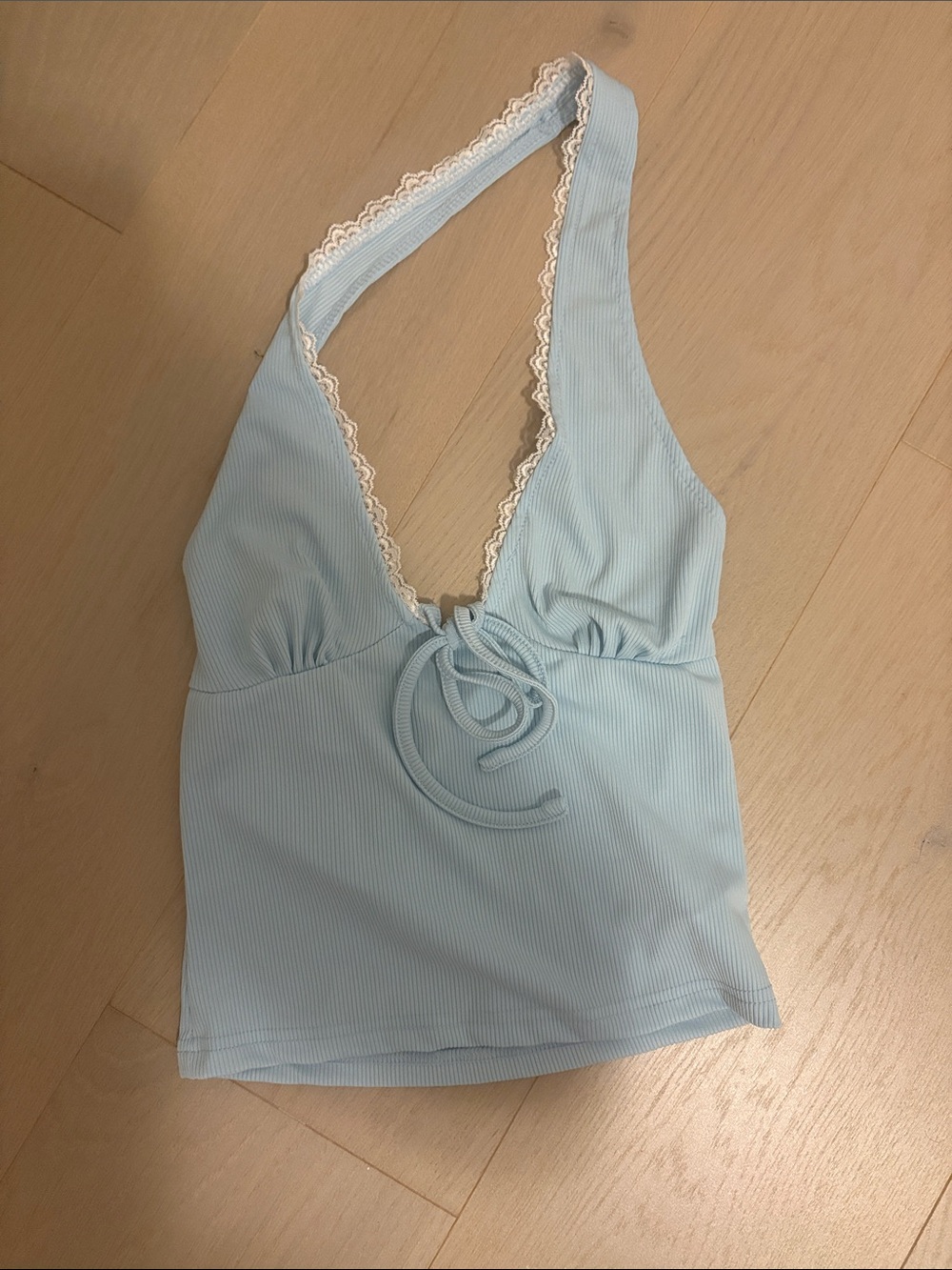 Light Blue Lace-Trim Halter Tank Top with Front Tie